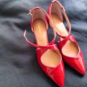 Red Calvin Klien Pamette Strap Pumps.   Heel 2.25